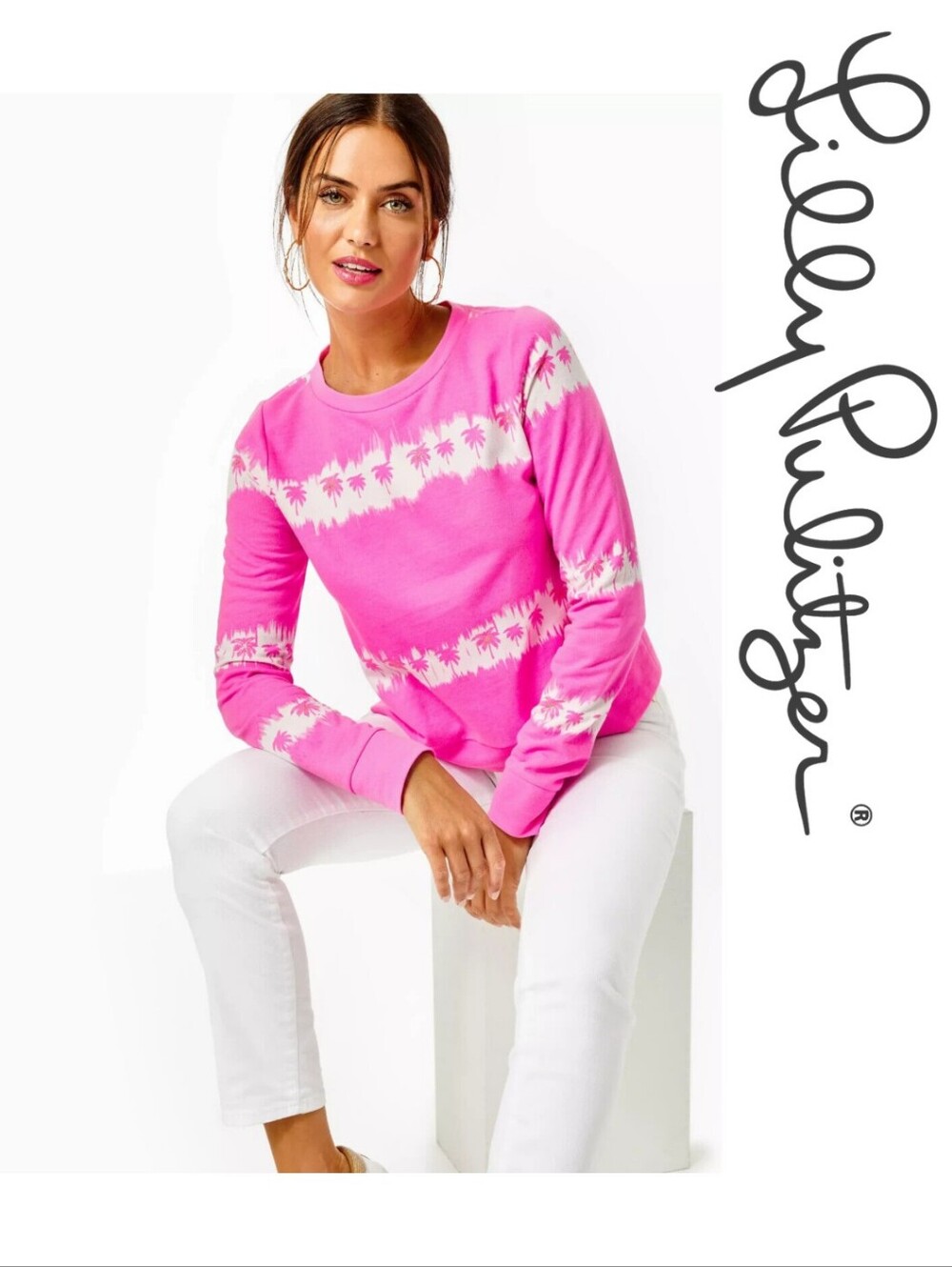Lilly Pulitzer - Gayl Sweatshirt Plumeria Pink Paradise Palm Tie-Dye Stripe SM - Picture 1 of 4